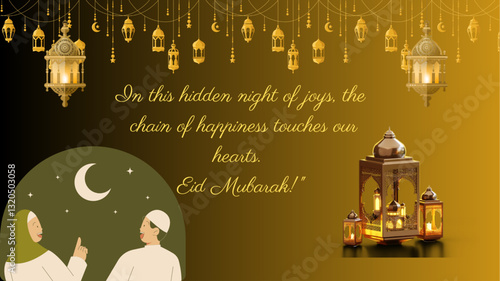 Decorative Eid lanterns and crescent moon with a celebratory message conveying spiritual joy and blessings. Perfect for themed designs. holiday greetings and cultural expressions.