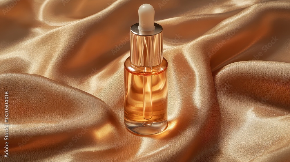 Naklejka premium Luxurious Golden Serum Bottle on Silky Satin Fabric Background for Skincare and Beauty Product Advertising