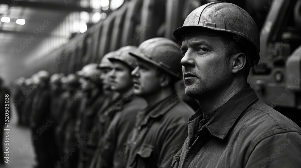 Fototapeta premium A line of uniformed workers, each adorned with a matching helmet, engaged in animated conversation within the aisle of a bustling warehouse.