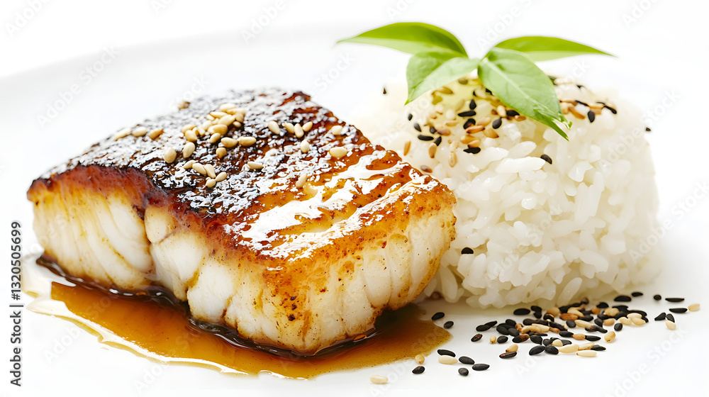Perfectly Plated Miso Glazed Black Cod Fillet with Rice and Garnish for Culinary Presentation Perfectly Plated Miso Glazed Black Cod Fillet with Rice and Garnish for Culinary Presentation