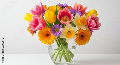 Wallpaper Mural A bouquet of colorful tulips in a glass vase with vibrant petals and fresh green leaves Torontodigital.ca