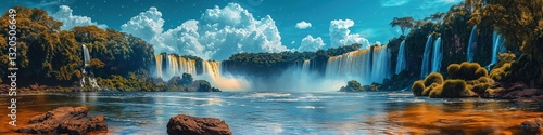Iguazu Falls Psychedelic Landscape, Surreal Waterfalls and Jungle, Fantasy Nature Digital Art