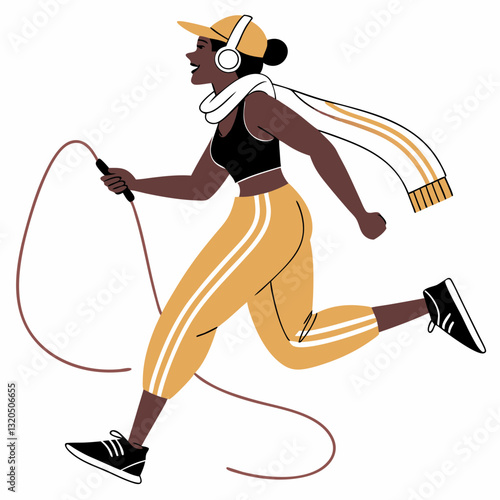 Stylish Athlete Running with Skipping Rope and Headphones, Achieving Fitness