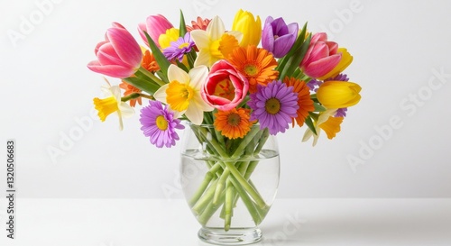 A colorful tulip bouquet in a glass vase showcases the spring blossom's floral beauty