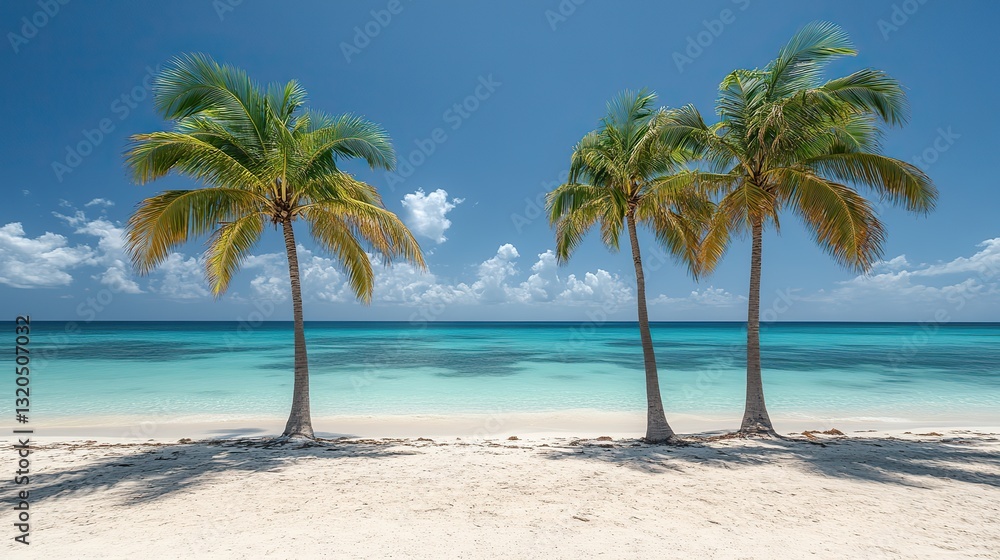 A beautiful exotic landscape with three palm trees on white sand against a blue sky creates a travel and tourism background. A beautiful exotic landscape with three palm trees on white sand against a blue sky creates a travel and tourism background.