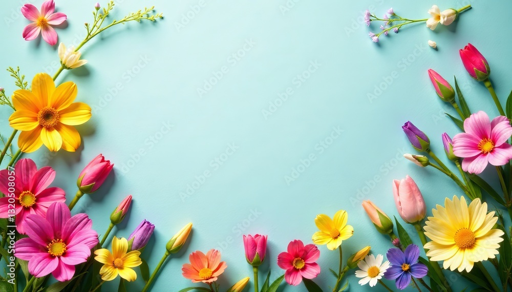 Vibrant spring flowers border on textured paper background, Texture, Botanical, Flora Vibrant spring flowers border on textured paper background, Texture, Botanical, Flora