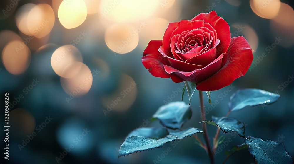 A beautiful single red rose blooms on bokeh, perfect for Valentine's, Mother's Day, or romantic love celebrations. A beautiful single red rose blooms on bokeh, perfect for Valentine's, Mother's Day, or romantic love celebrations.