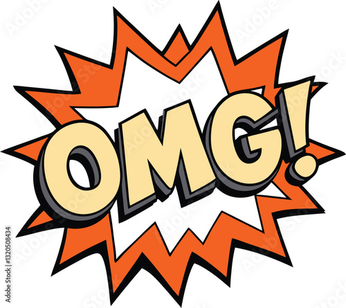 "OMG!", with bold typography set against a dynamic, starburst background, expressing shock and amazement.