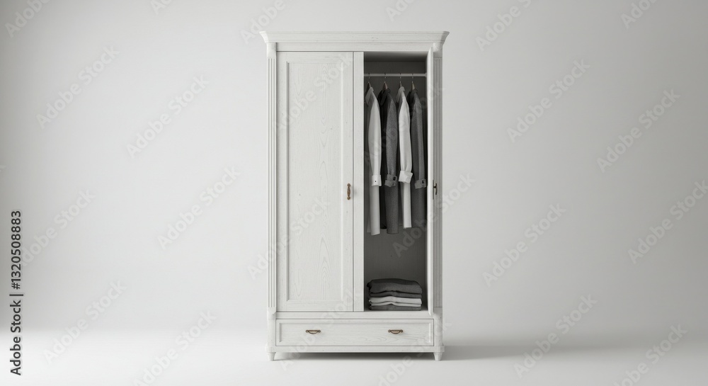 Wooden white wardrobe with opened doors and hanging clothes isolated white background Wooden white wardrobe with opened doors and hanging clothes isolated white background