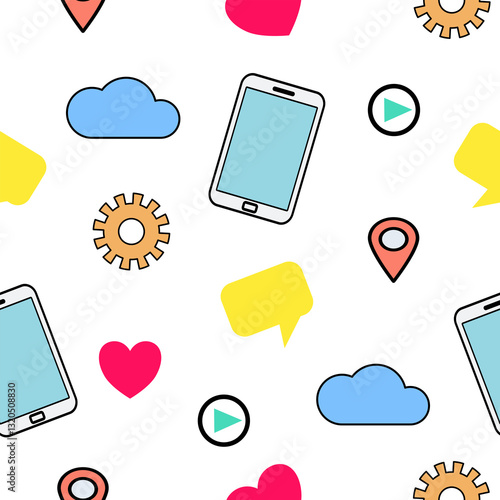 Seamless digital technology pattern with smartphones, cloud icons, location pins, gears, and social media symbols. Modern, flat line-art style for tech backgrounds, apps, and web design. on white