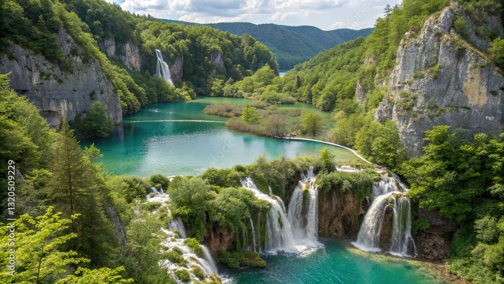 Fototapeta premium Exotic waterfall and lake landscape of National Park