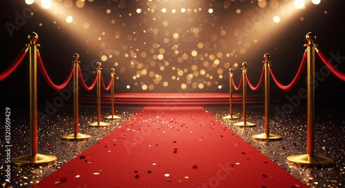 entrance with staircase and red carpet on the stage with a bokeh background creating a luxurious VIP atmosphere for a gala or movie premiere