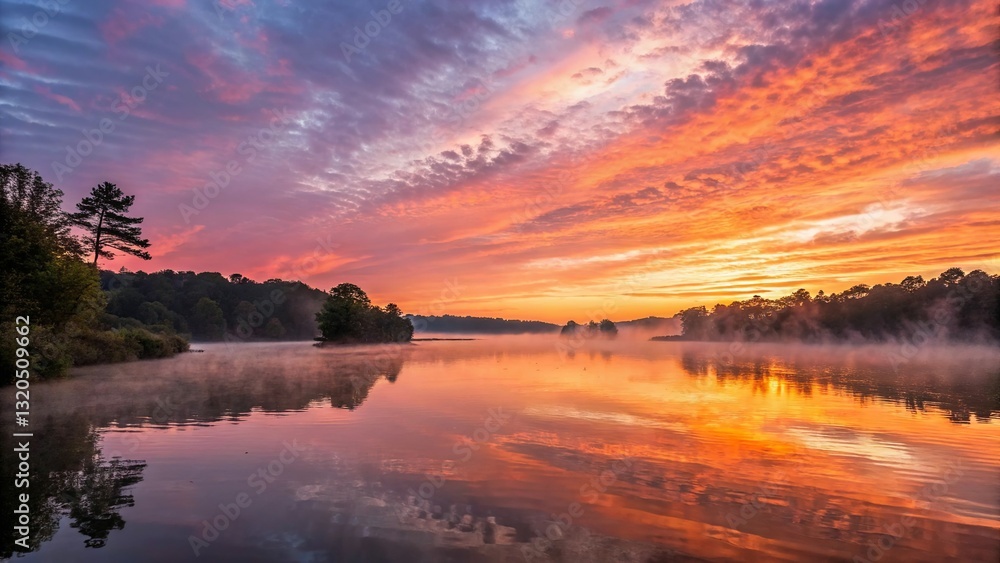 Obraz premium Panorama of beautiful sunrise over lake