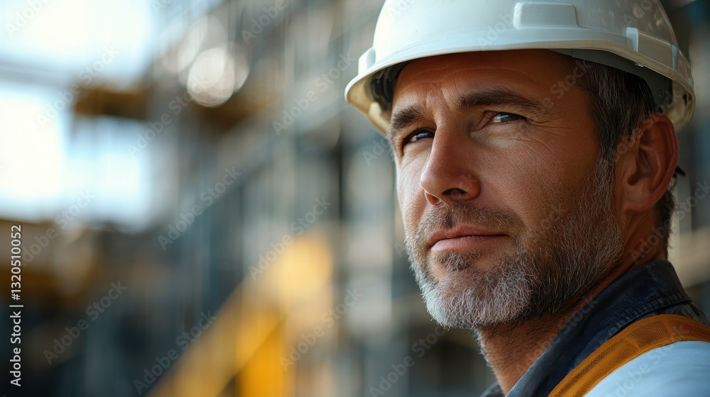 A man, clad in a hardhat and his attire suggesting a builder profession, meticulously inspects an unfinished structure, his brow furrowed in concentration as he assesses its progress. The scene is A man, clad in a hardhat and his attire suggesting a builder profession, meticulously inspects an unfinished structure, his brow furrowed in concentration as he assesses its progress. The scene is