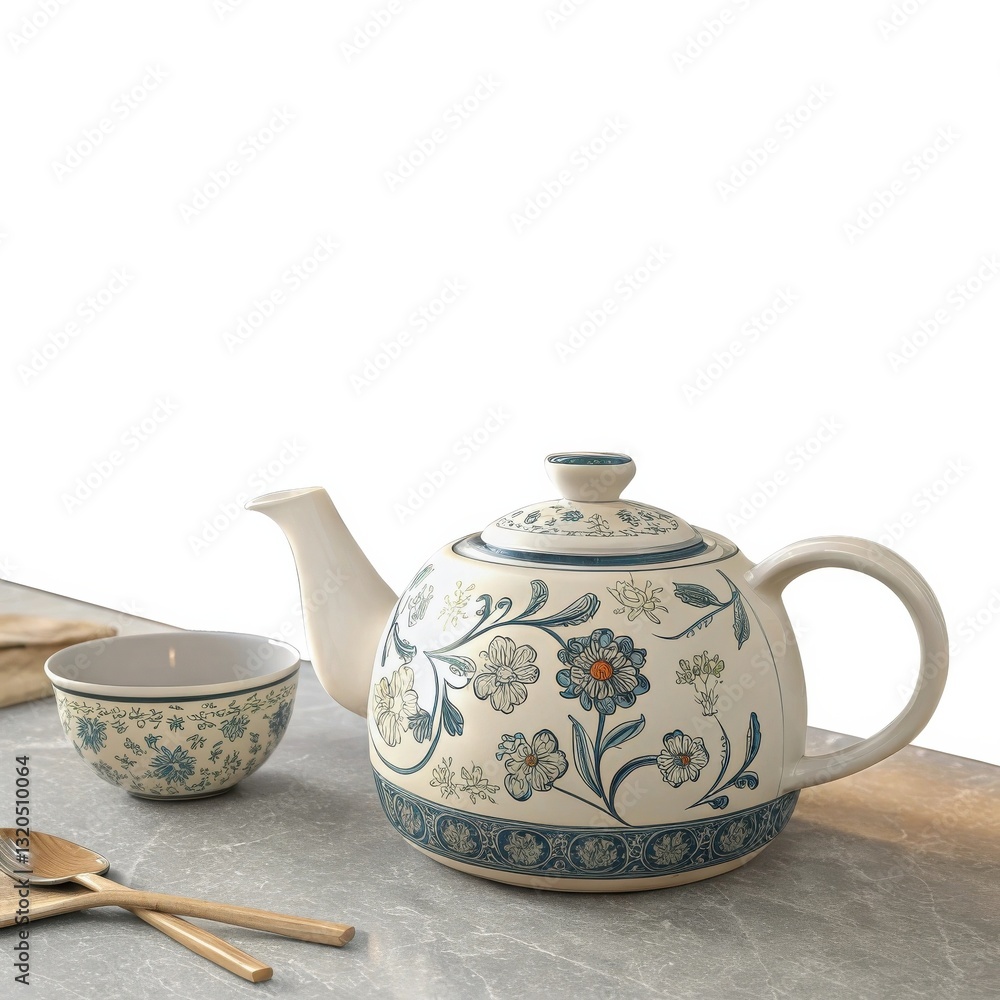 A beautifully crafted ceramic teapot with delicate floral patterns, accompanied by a matching bowl, placed on a marble countertop. A beautifully crafted ceramic teapot with delicate floral patterns, accompanied by a matching bowl, placed on a marble countertop.