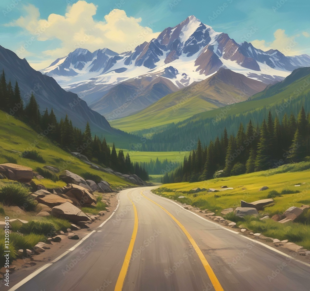 Fototapeta premium Illustration of road in wild and scenic landscape.