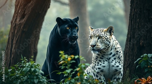 Panther and leopard in a calm mood sitting together in a vibrant jungle habitat
