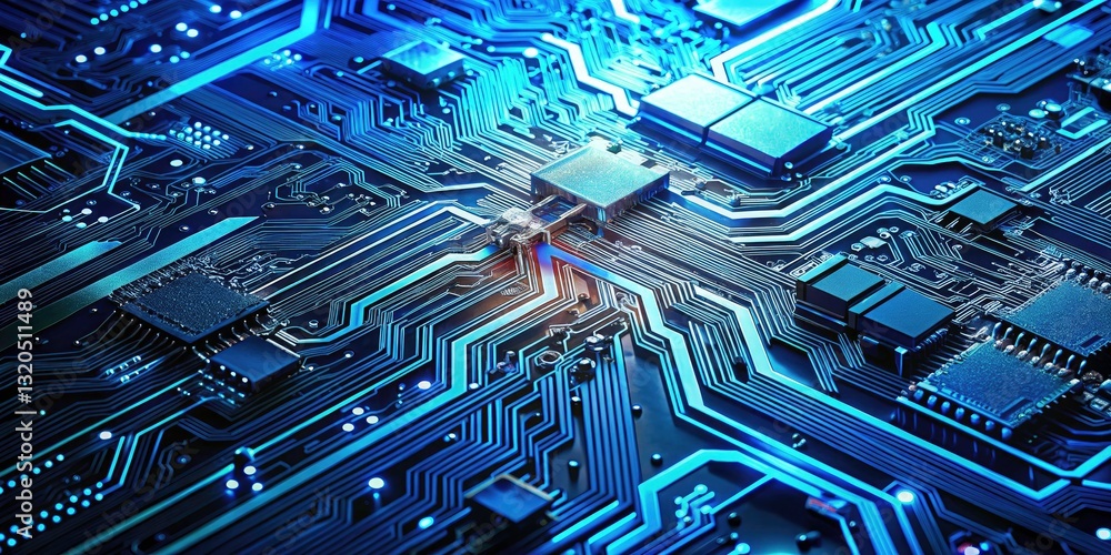 Fototapeta premium Modern Abstract Blue Circuit Board Design - Aerial Photography of Digital Technology and Innovation in a Sleek Futuristic Style