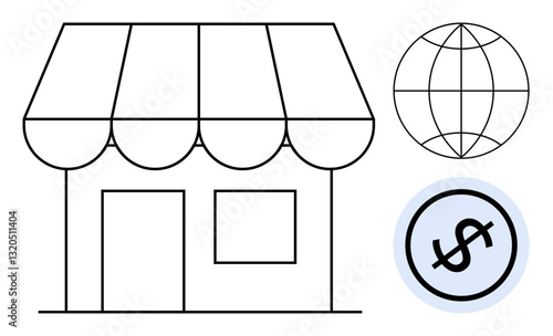 Minimalist store outline with awning, globe symbolizing global network, and dollar sign iconizing finances. Ideal for business, e-commerce, trade, economy, retail globalization investment. Flat