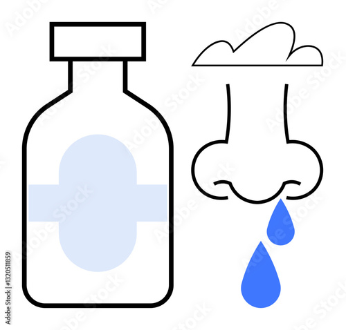 Medicine bottle with cross logo beside a nose dripping blue droplets. Ideal for healthcare, allergies, sinus treatment, cold relief, pharmaceutical use, medical communication, wellness. Flat simple