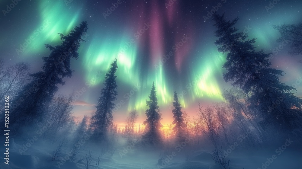Fototapeta premium Vibrant northern lights dance across the sky, illuminating a tranquil tundra forest adorned with lush Christmas trees beneath a winter twilight.