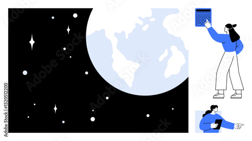 Earth in space with stars beside people pointing and holding devices. Ideal for global communication, technology, exploration, teamwork, education, environmental awareness, and innovation. Flat