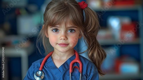 In a safe and happy clinic, a child anticipates her check-up, finding solace and curiosity in a toy doctor set The little girl, dressed in medical attire, immerses herself in imaginative play