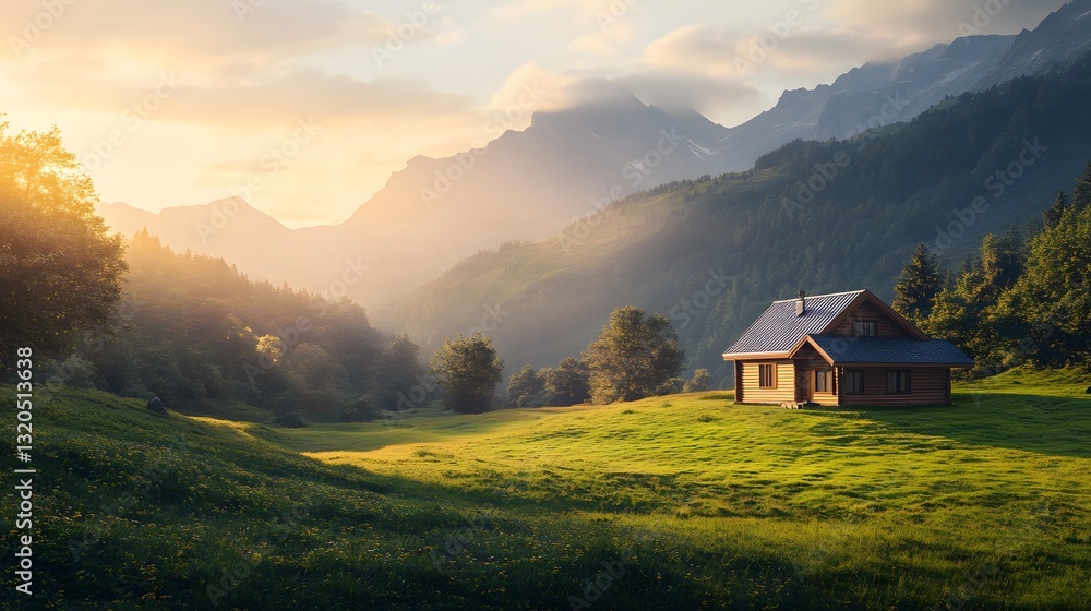 Obraz premium Lush valley cabin escape scenic and serene sunrise experience