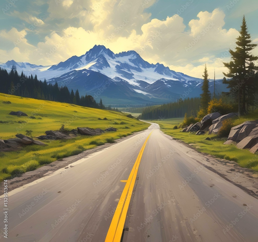 Fototapeta premium Illustration of road in wild and scenic landscape.