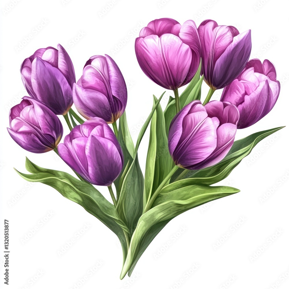 Fototapeta premium Purple Tulips Bouquet, Floral Illustration, Isolated on White
