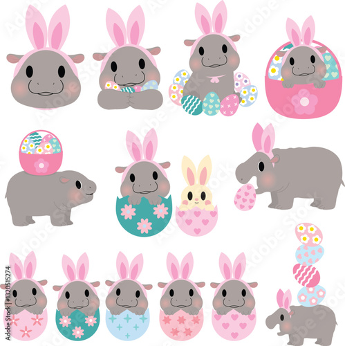 cute easter hippo clipart, pastel hippo digital art, kawaii hippo with bunny ears, adorable hippo in easter egg, spring hippo illustration, digital easter hippo design, printable hippo easter graphics