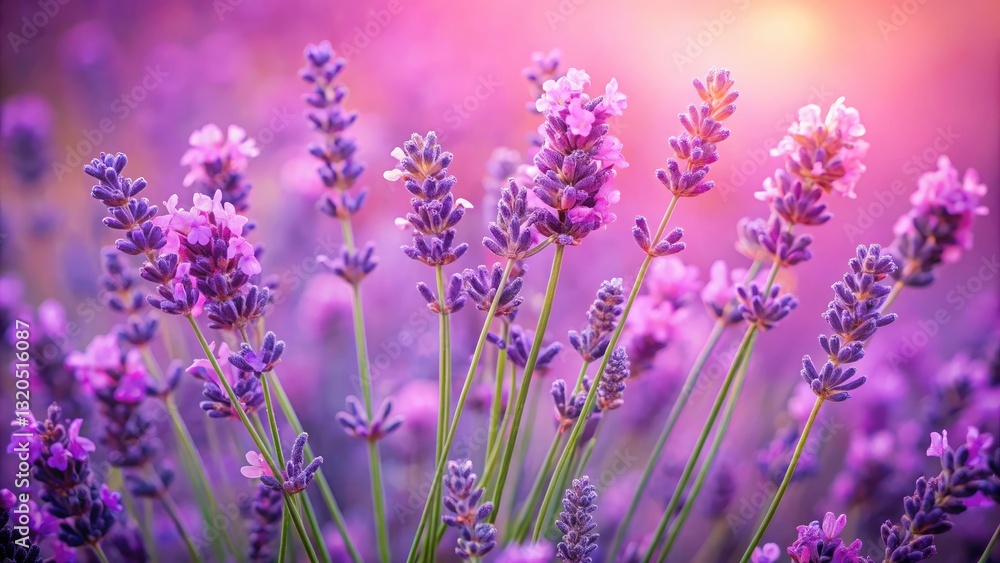 Fototapeta premium Stunning Drone Photography of Lavender Flowers on a Soft Pink Background - Aerial View of Nature's Beauty, Floral Patterns, and Vibrant Colors for Stunning Visuals