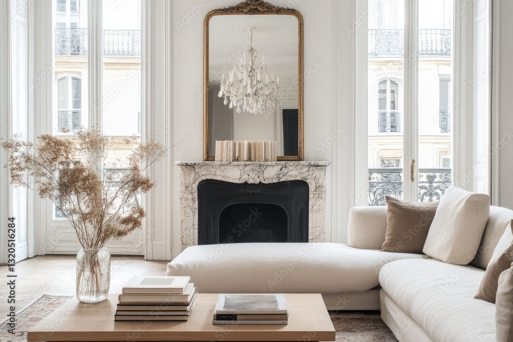 Naklejka premium classic haussmann-style living room featuring marble fireplace ornate gilded mirror and vintage chandelier