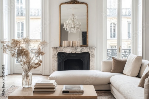 classic haussmann-style living room featuring marble fireplace ornate gilded mirror and vintage chandelier