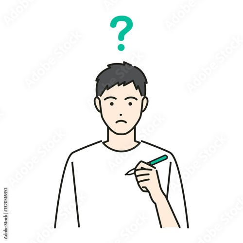 ペンを持ち疑問に思う男性のベクターイラスト