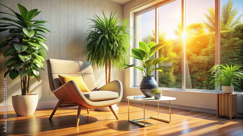 Fototapeta premium Sunlit Living Room: Contemporary Chair & Potted Plant - Architectural Photography