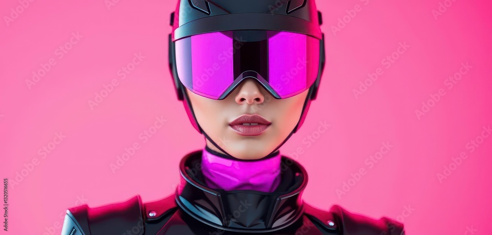 Sleek black futuristic attire, vibrant pink visor, bold pink backdrop, elegant, style Sleek black futuristic attire, vibrant pink visor, bold pink backdrop, elegant, style