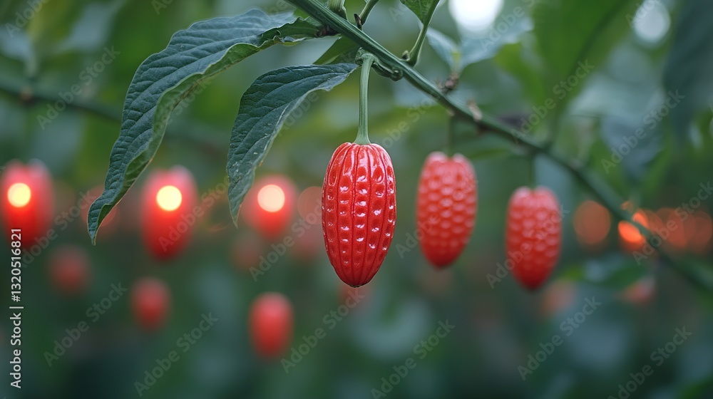 Obraz premium Red, bumpy fruits hanging from vines, lit by warm lights