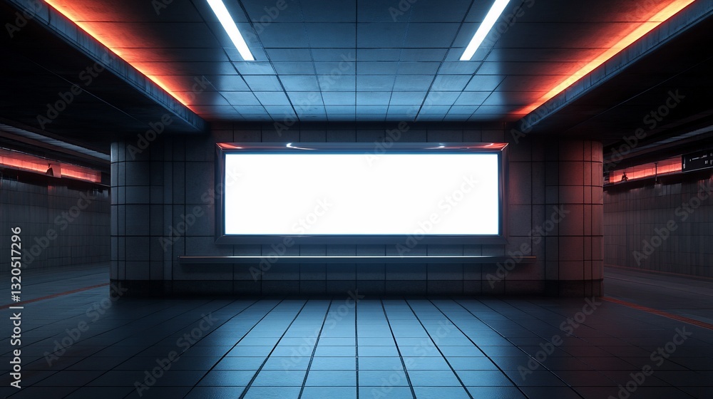 Empty blank white screen in modern tiled underground tunnel illuminated by red and blue lights Empty blank white screen in modern tiled underground tunnel illuminated by red and blue lights