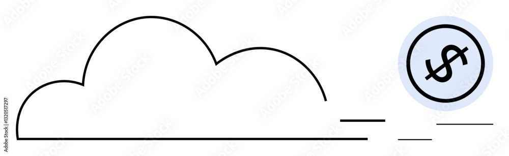Cloud outline with a floating dollar coin and movement lines signifying financial transactions, cost efficiency, and cloud services. Ideal for technology, finance, online banking, cloud storage, cost Cloud outline with a floating dollar coin and movement lines signifying financial transactions, cost efficiency, and cloud services. Ideal for technology, finance, online banking, cloud storage, cost