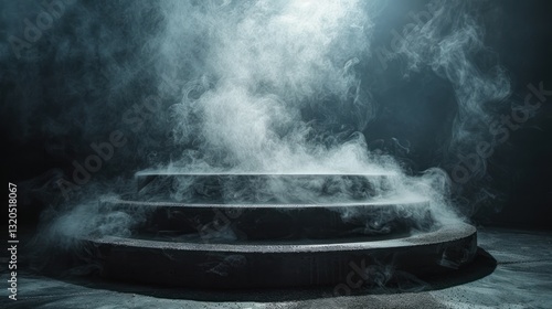 Smoky, circular, tiered platform, dark studio, product display