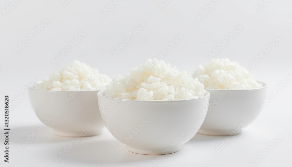 Three pristine bowls of fluffy steamed rice, gleaming white against a clean background, delicious, fluffy rice Three pristine bowls of fluffy steamed rice, gleaming white against a clean background, delicious, fluffy rice