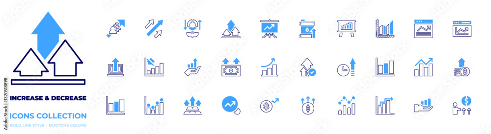 Increase and decrease icon collection. Bold line style. Duotone colors. increase, growth, chart, graph, analytics, bar chart, increasing, search chart, web, money, fuel Increase and decrease icon collection. Bold line style. Duotone colors. increase, growth, chart, graph, analytics, bar chart, increasing, search chart, web, money, fuel