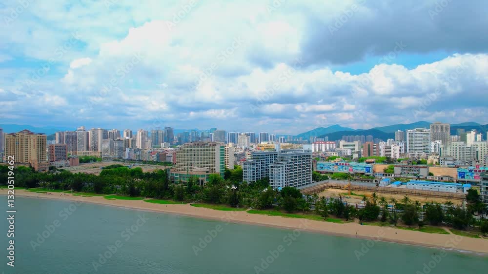 Breathtaking Drone View of Coastal City Skylines and Palm-Lined Beaches Breathtaking Drone View of Coastal City Skylines and Palm-Lined Beaches