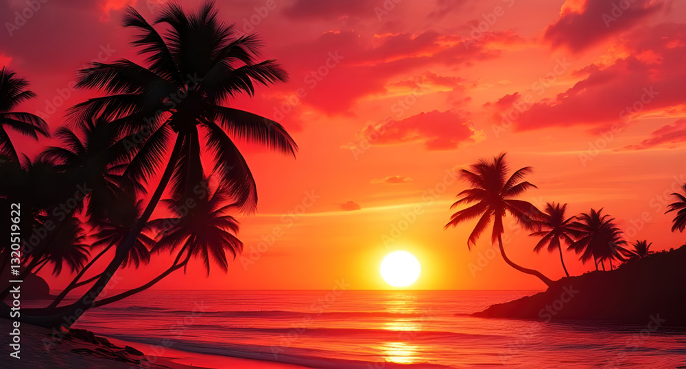 Tropical sunset, silhouetted palm trees, vibrant orange and pink sky Tropical sunset, silhouetted palm trees, vibrant orange and pink sky