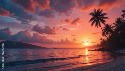 Tropical sunset, silhouetted palm trees, vibrant orange and pink sky