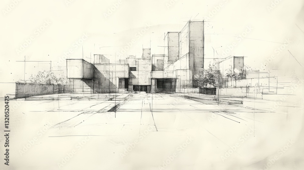 Fototapeta premium A rough sketch, capturing the essence of construction, featuring lines and shapes that suggest a building in various stages of completion, from foundational blocks to towering walls.