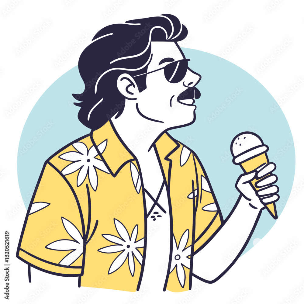 Retro summer vibe man holding ice cream cartoon line art illustration Retro summer vibe man holding ice cream cartoon line art illustration