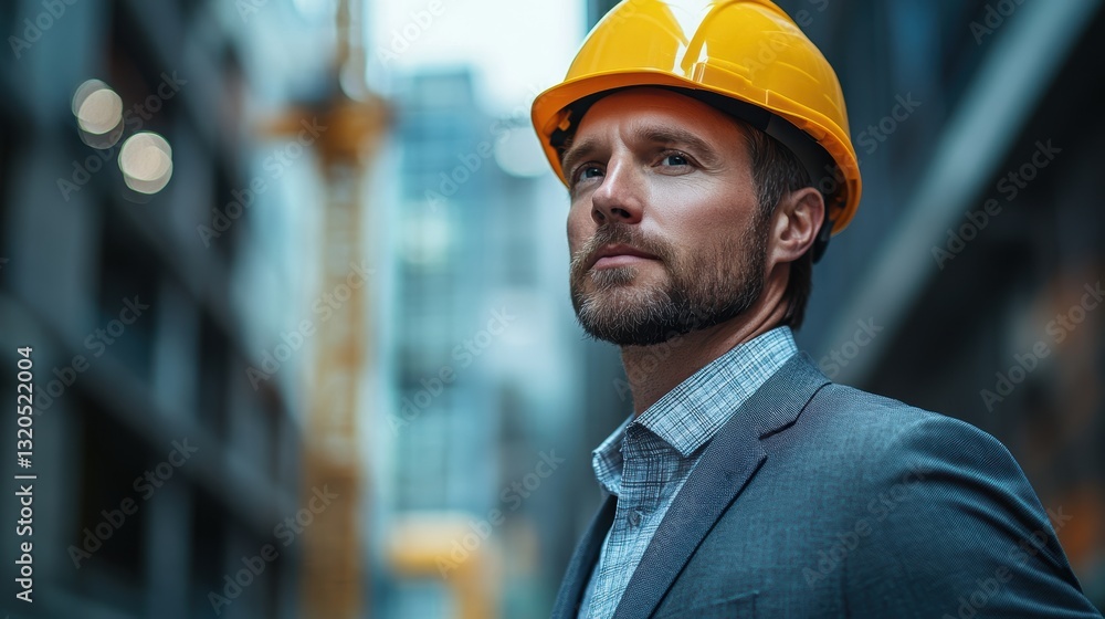 A man in a sharp, charcoal gray business suit, a protective construction helmet perched atop his head, exudes an aura of both professionalism and caution, ready to tackle the challenges of the urban A man in a sharp, charcoal gray business suit, a protective construction helmet perched atop his head, exudes an aura of both professionalism and caution, ready to tackle the challenges of the urban