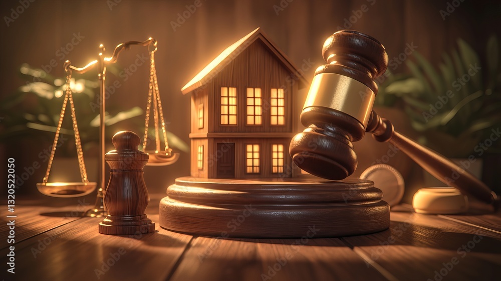 Wooden house model with gavel and key on wood surface representing foreclosure, bankruptcy, and real estate financial issues